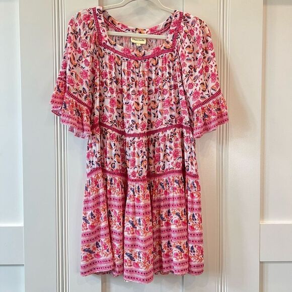 Playa Lucila Women’s Small Drop Waist Mini Dress in Multi Pink Floral Ruched - Picture 2 of 15